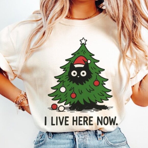 Tops - Christmas Tree Cat Shirt, Funny Cat Christmas T-Shirt